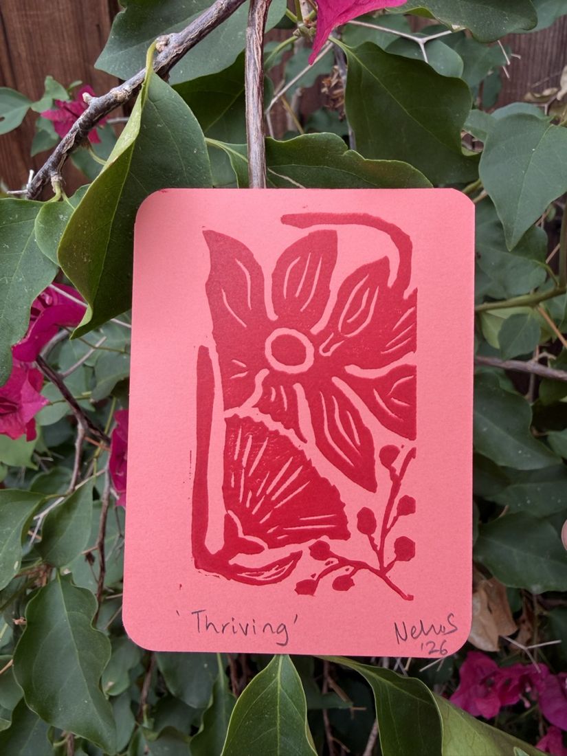 A tiny linocut print of a flower titled Thriving, red ink on pink paper, hanging in a blooming bougainvillea